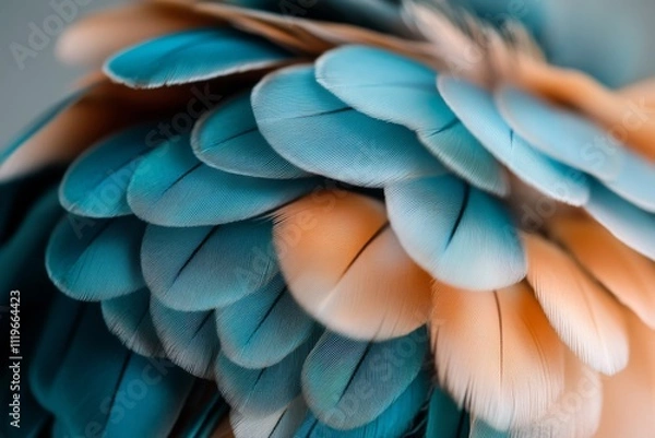Obraz A vibrant close-up of blue and peach feathers layers together, showcasing intricate textures and hues in a beautiful, abstract composition.