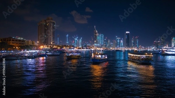 Fototapeta Panoramic view of Dubai Creek with the city's modern skyline illuminated at night