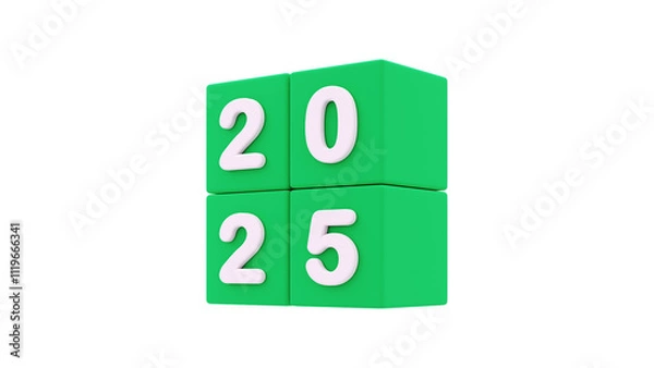 Obraz 2025 happy new year 3d renderig of green cube with text isolated on white or  png transparent