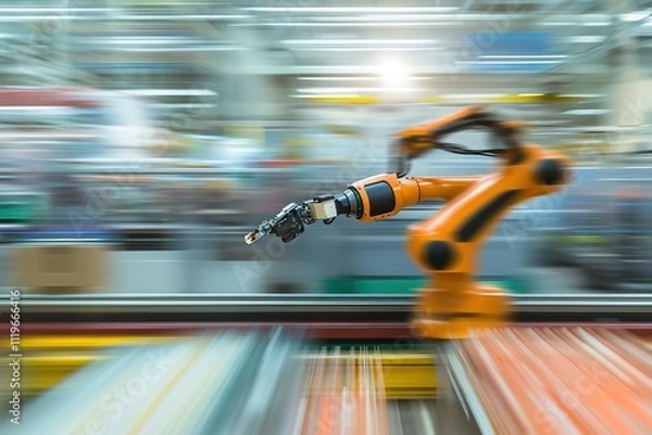 Fototapeta Orange robotic arm in motion at modern factory