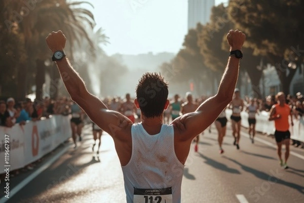 Obraz A triumphant runner crosses the marathon finish line, arms raised in victory beneath sun-dappled trees and supportive onlookers.