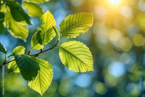 Fototapeta Sunlit Green Leaves with Bokeh Background