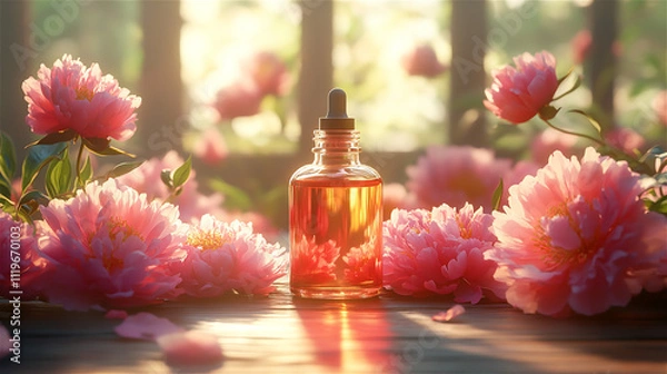 Fototapeta Pink peony essential oil dropper bottles are on a wooden table with peony flowers and warm morning light. Generative AI