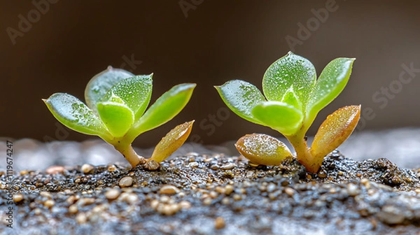 Fototapeta Close up of succulent leaves with water droplets on textured surface, showcasing vibrant green and orange hues. image captures beauty of nature and plant growth