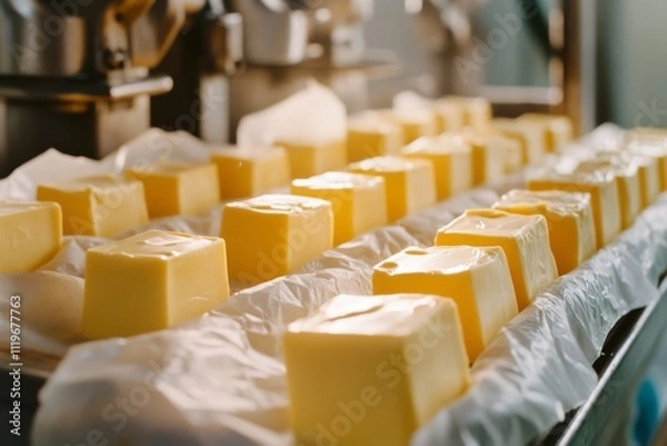 Obraz Neatly arranged butter blocks glow under industrial lights, with their rich yellow contrasting against the paper wraps.