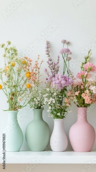 Fototapeta Beautifully arranged vases filled with colorful fresh flowers on a minimalistic shelf