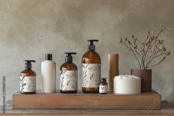 Fototapeta Different cosmetic products with blank labels standing on wooden shelf for branding mockup