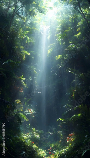 Obraz Sunbeam illuminating lush rainforest.