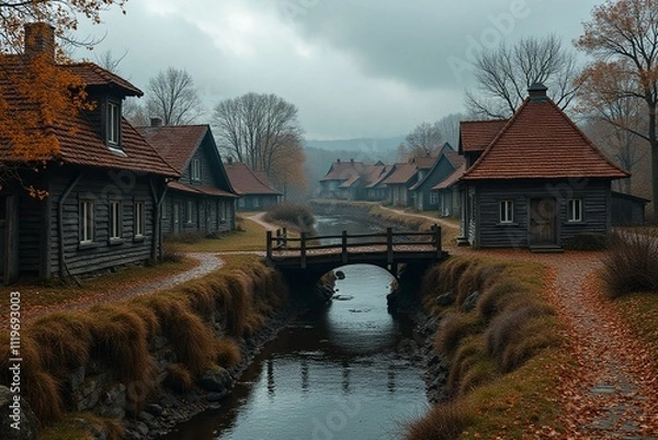Obraz landscape with houses and trees