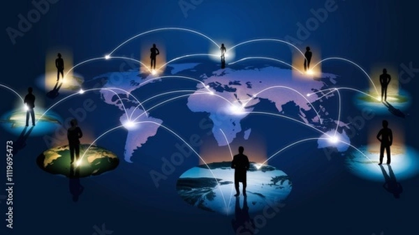 Fototapeta World map with connection points and silhouettes of people, concept of a connected and globalized world.