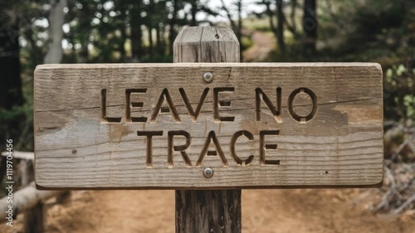 Fototapeta Wooden sign with the phrase ''Leave no trace'', trail and beautiful landscape in the background.