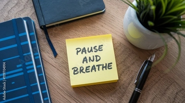 Fototapeta Yellow notepaper on a wooden table with the message ''Pause and breathe''.