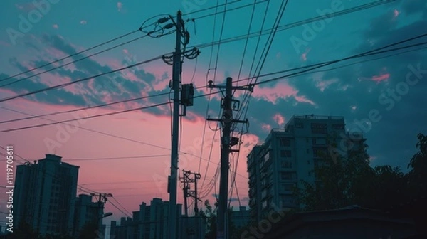Fototapeta A silhouette of an electric pole at dusk, with the sky painted in soft pastel hues