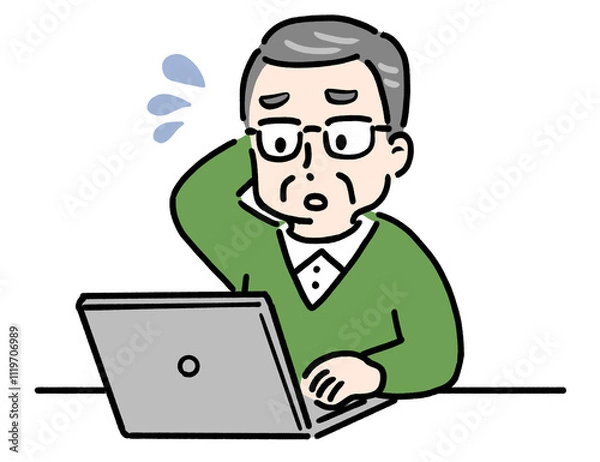 Fototapeta パソコンを見ながら困る高齢者男性