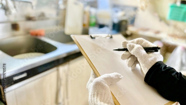 Obraz 古い台所の前でクリップボードに記入する軍手をはめた手