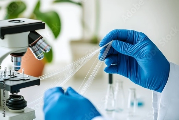 Fototapeta Laboratory Research on Tiny Fibers Using Microscope and gloves, Scientific Investigation of Materials and Textile Analysis in a Modern Research Setting