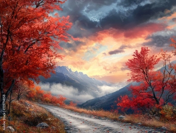 Obraz Mountain path with red maple trees and vibrant sunset sky.