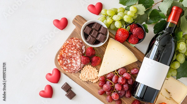 Obraz Top View of festive table featuring Valentine themed charcuterie board with wine, cheese, fruits, and chocolates, perfect for romantic celebration