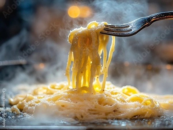 Fototapeta A steaming plate of pasta is lifted with a fork, showcasing its creamy texture and inviting appearance in a cozy setting.