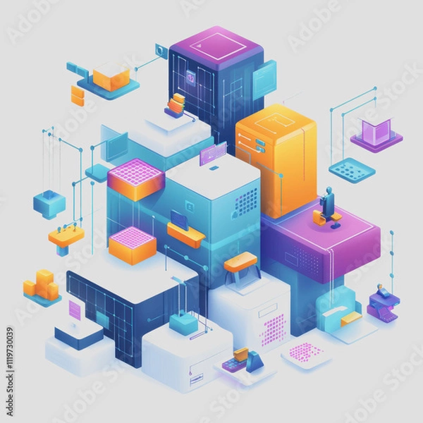 Obraz Modern Digital Architecture with Colorful 3D Cubes and Abstract Data Visualization Elements in a Futuristic Setting