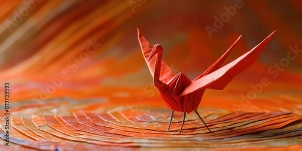 Fototapeta Elegant origami bird takes flight amidst a vibrant, textured backdrop of warm colors in a serene setting