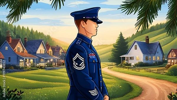 Obraz American military Day, one military force man standing against village houses, Generative Ai