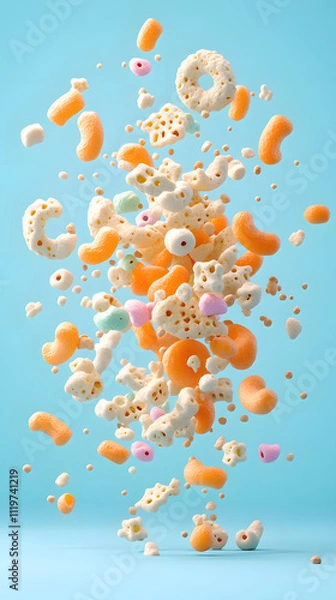 Fototapeta Colorful snack explosion whimsical treats in a light blue setting dynamic visual display of fun edibles
