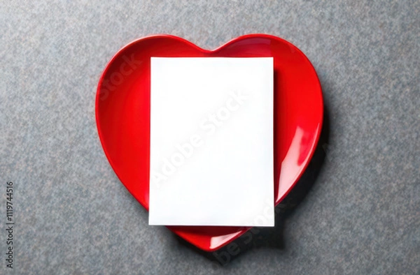 Obraz Heart-shaped red plate with blank white card for menu mockup on a gray background. Flat lay composition for Valentine's Day design and romantic dinner concept