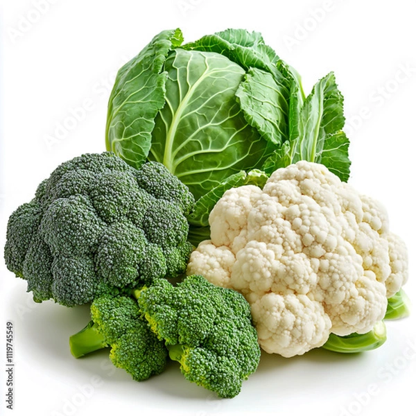 Fototapeta Cabbage, broccoli and cauliflower isolated on white background.