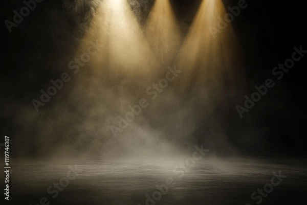 Obraz Dramatic Stage Lighting with Smoke Effects for Theatrical Productions, Performances, and Creative Photography, Featuring a Dark Background with Illuminated Beams