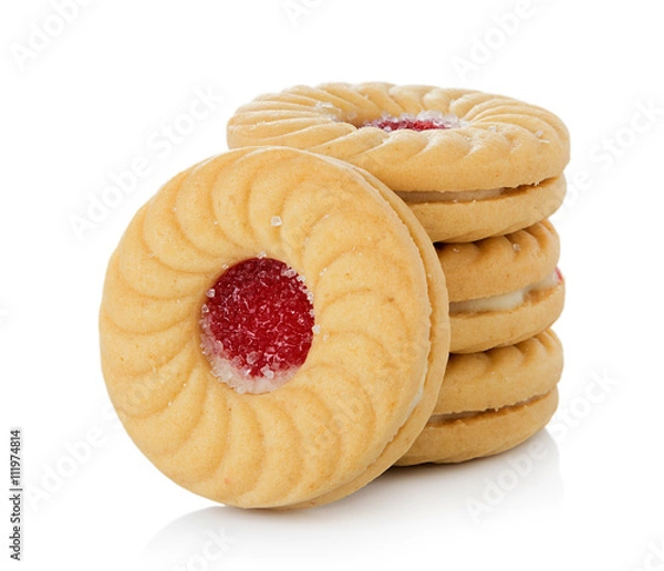 Fototapeta Sandwich biscuits with strawberry on white background