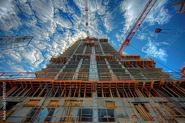 Fototapeta A photo of a tall building under construction against a blue sky, great for use in presentations, reports or as a design element