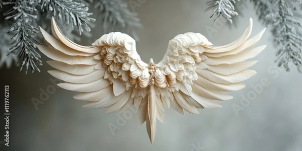 Fototapeta Intricate carved angel wings showcased against a soft winter backdrop of frosted pine branches