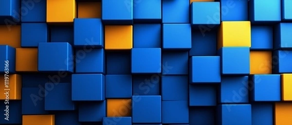 Fototapeta Blue and yellow wall made of blocks. The blocks are arranged in a pattern that creates a sense of depth and texture. The blue and yellow colors create a vibrant and energetic mood