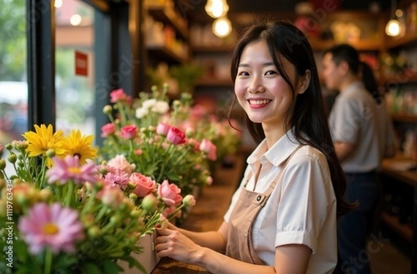 Fototapeta The girl is Asian, works in a flower shop collecting orders for Valentine's Day, looks at the camera and smiles. Remote sale of goods in a modern flower and souvenir shop.