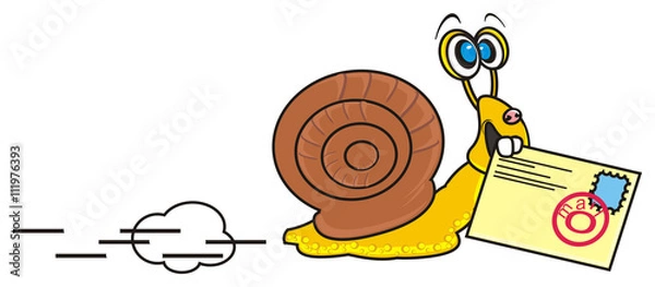 Fototapeta escape, speed, rush, ride, mail, letter, delivery, courier, post, postman, snail, house, crawling, slow, shell, slug, cartoon, isolated, background, white, animal, shellfish