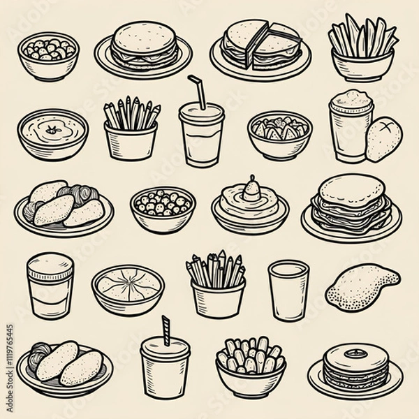 Obraz Hand-drawn vintage food illustrations in black and white on beige background with retro menu styling