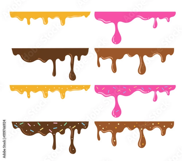 Obraz Set of dripping delicious pink, yellow and brown sauce as chocolate, honey, strawberry, doughnut vector seamless glaze. Sweet dessert background illustration with colorful toppings, nut, sprinkle