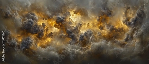 Obraz Large, dark, and stormy sky with a bright orange cloud in the middle. The sky is filled with clouds and the orange cloud is the center of attention. Scene is intense and dramatic