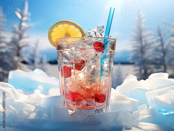 Fototapeta Amazing Fresh summer drinks cocktails with berries fruits ice and frost on glasses