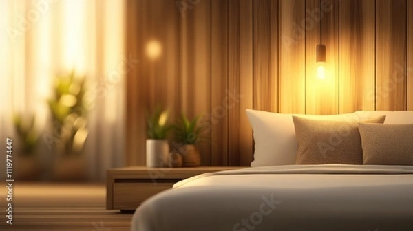 Fototapeta Warm and inviting bedroom interior with soft bokeh and defocused lighting creating a serene atmosphere for relaxation and comfort