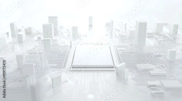 Fototapeta A white square in the center of a circuit board with some wires and chips around it, 3D rendering style, simple background, futuristic technology feel.