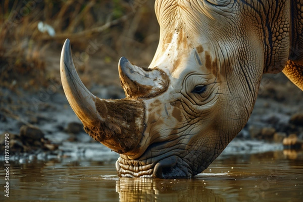 Fototapeta A close-up shot of a rhinoceros drinking from a clear waterhole, the texture of its rough skin and sharp horn in sharp focus.