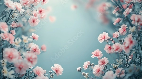 Fototapeta Blooming pink flowers on branches against a soft blue background, capturing the essence of spring.