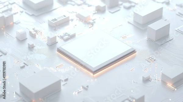 Fototapeta A white square in the center of a circuit board with some wires and chips around it, 3D rendering style, simple background, futuristic technology feel.