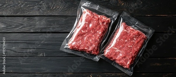 Obraz Two vacuum-sealed packages of raw ground beef on a dark wooden background.