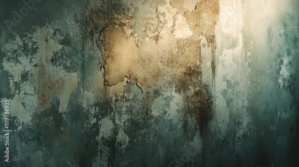 Fototapeta Deteriorating wall with damp and mold damage showcasing peeling paint and moisture issues in an indoor environment
