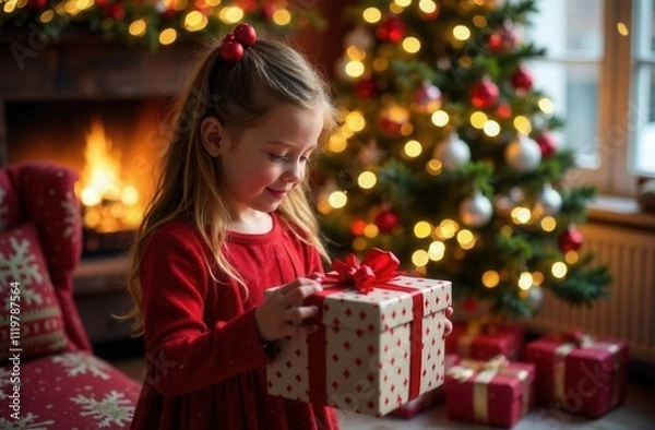 Fototapeta A girl opens a Christmas present by the Christmas tree
