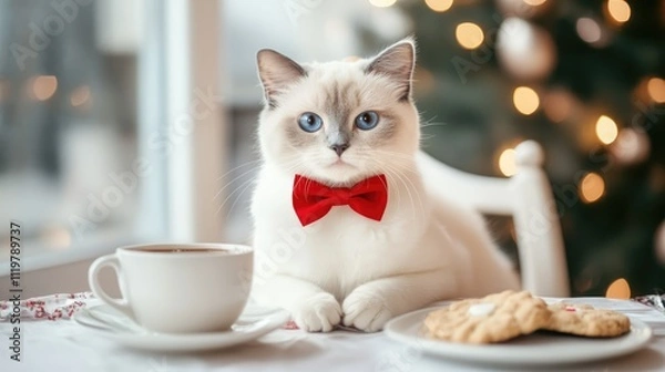 Fototapeta Adorable white cat with blue eyes wearing a red bow tie, sitting at a table adorned with a cup of coffee and cookies, festive holiday ambiance, pet, lifestyle, cozy scene.