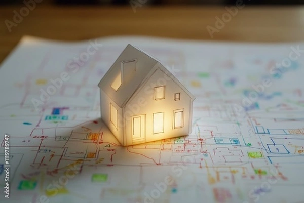 Fototapeta Illuminated Paper House Model on Colorful Architectural Blueprint with Detailed Sketches and Planning Elements Showcasing Design and Creativity in Architecture